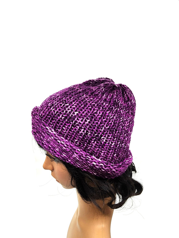 Hand Knit Purple Beanie Winter Hat, Cozy Warm Knitted Hat for Women & Men