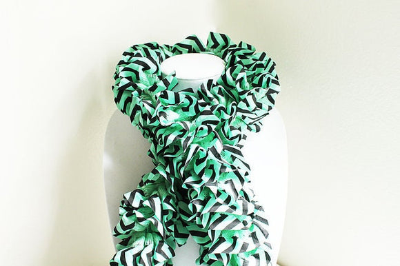 Black and Mint Ruffle Knit Scarf, Handmade Scarf, Winter Scarf, Long Scarf