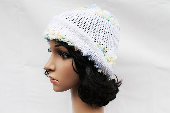 White Fuzzy Knit Beanie Hat, Handmade Hat, Stretch Beanie, Hand Knit Hat