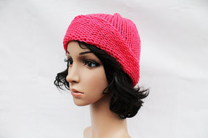 Hot Pink Knit Beanie Hat, Handmade Hat, Stretch Beanie, Hand Knit Hat