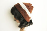 Brown and White Knit Beanie Hat, Handmade Hat, Stretch Beanie, Hand Knit Hat