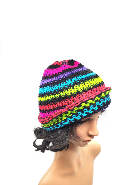 Neon Rainbow Beanie Winter Hat, Hand Knit Hat