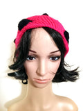 Handmade Pink and Black Knit Beanie Slouch Hat, Stylish Stretchy Hand Knit Hat