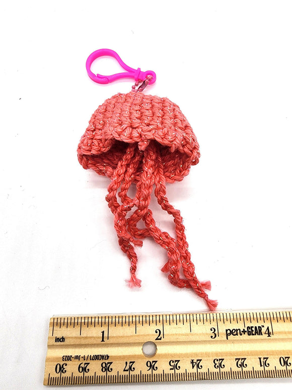 Pink Sparkle Jellyfish Toy Keychain, Knit Animal Child Toy, Handmade Gift